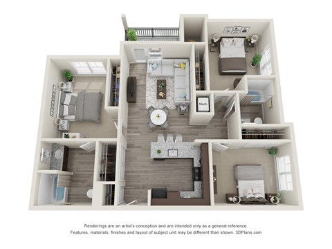 Floor plan for 3 beds, 2 baths, 1111 sqft